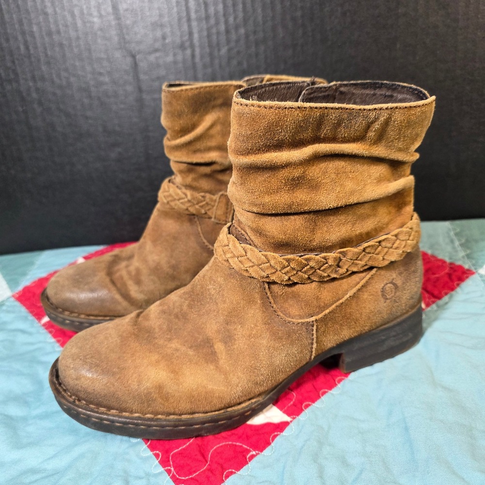 Born Suede Ankle Boots Womens 6.5M Tan Brown Slouchy Distressed Braided Strap